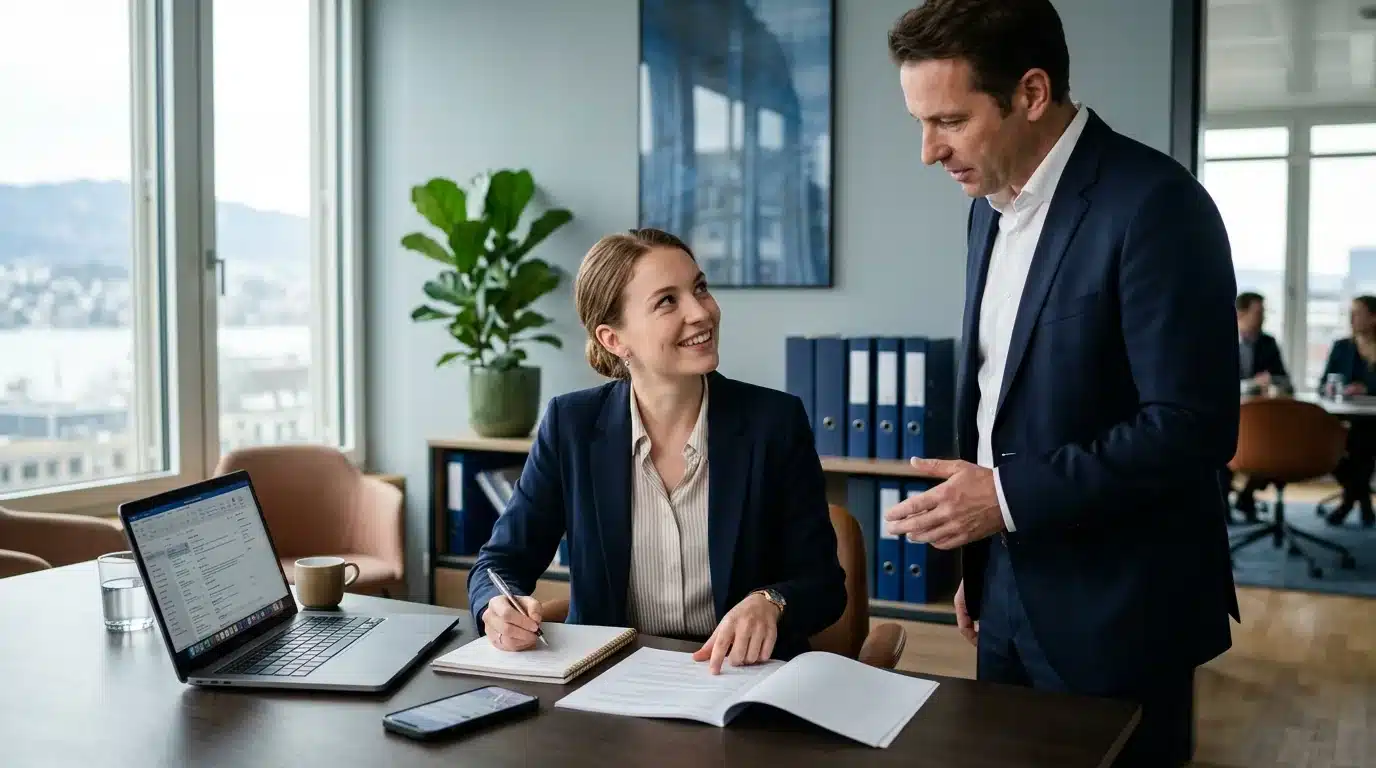 Direktionsassistentin am Arbeitsplatz im modernen Büro