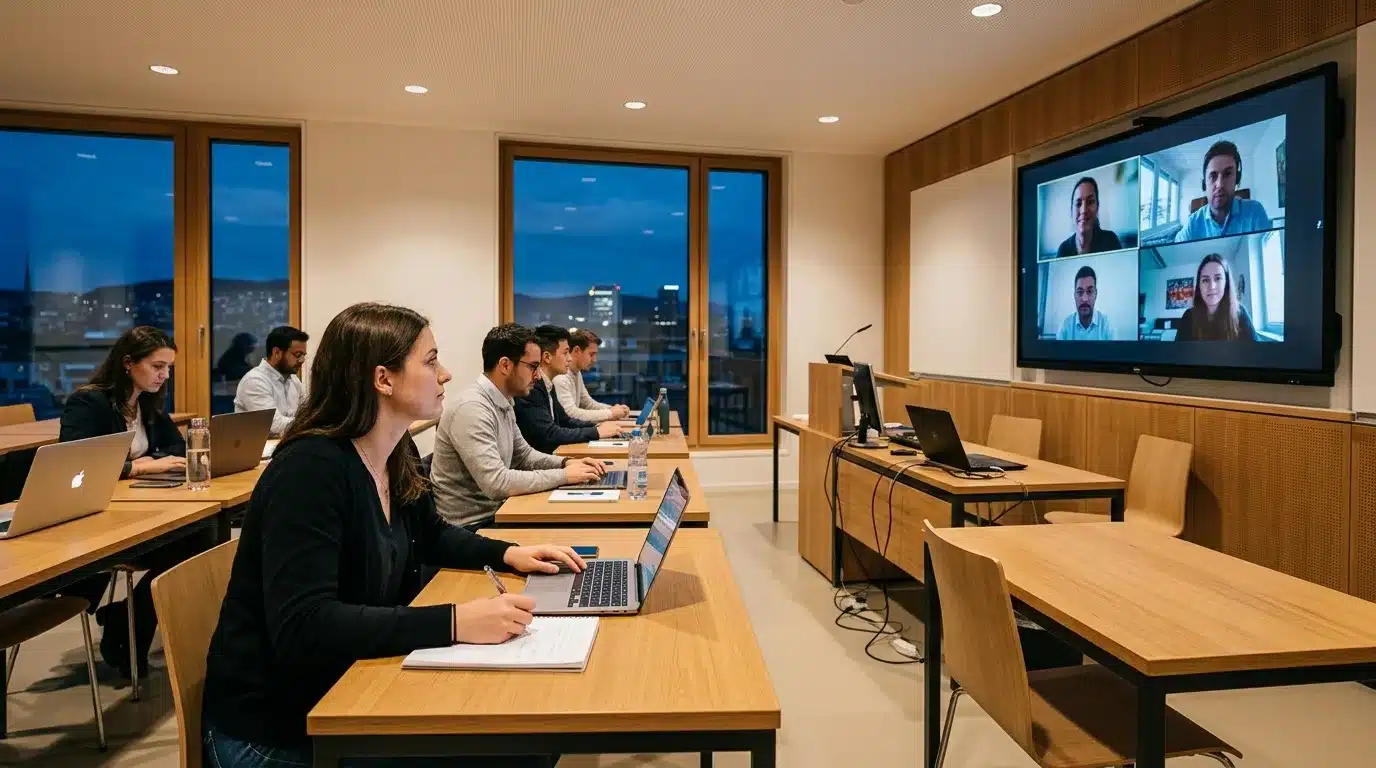 Hybrides Klassenzimmer an der BVS St. Gallen mit Online- und Praesenz-Studierenden