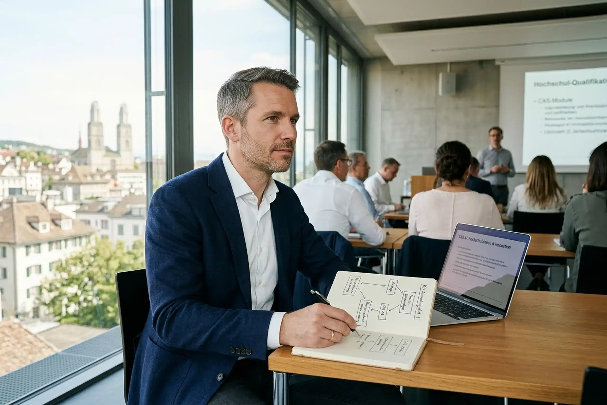 Business-Professional im Hochschul-Seminarraum mit KI-Use-Case-Notizen