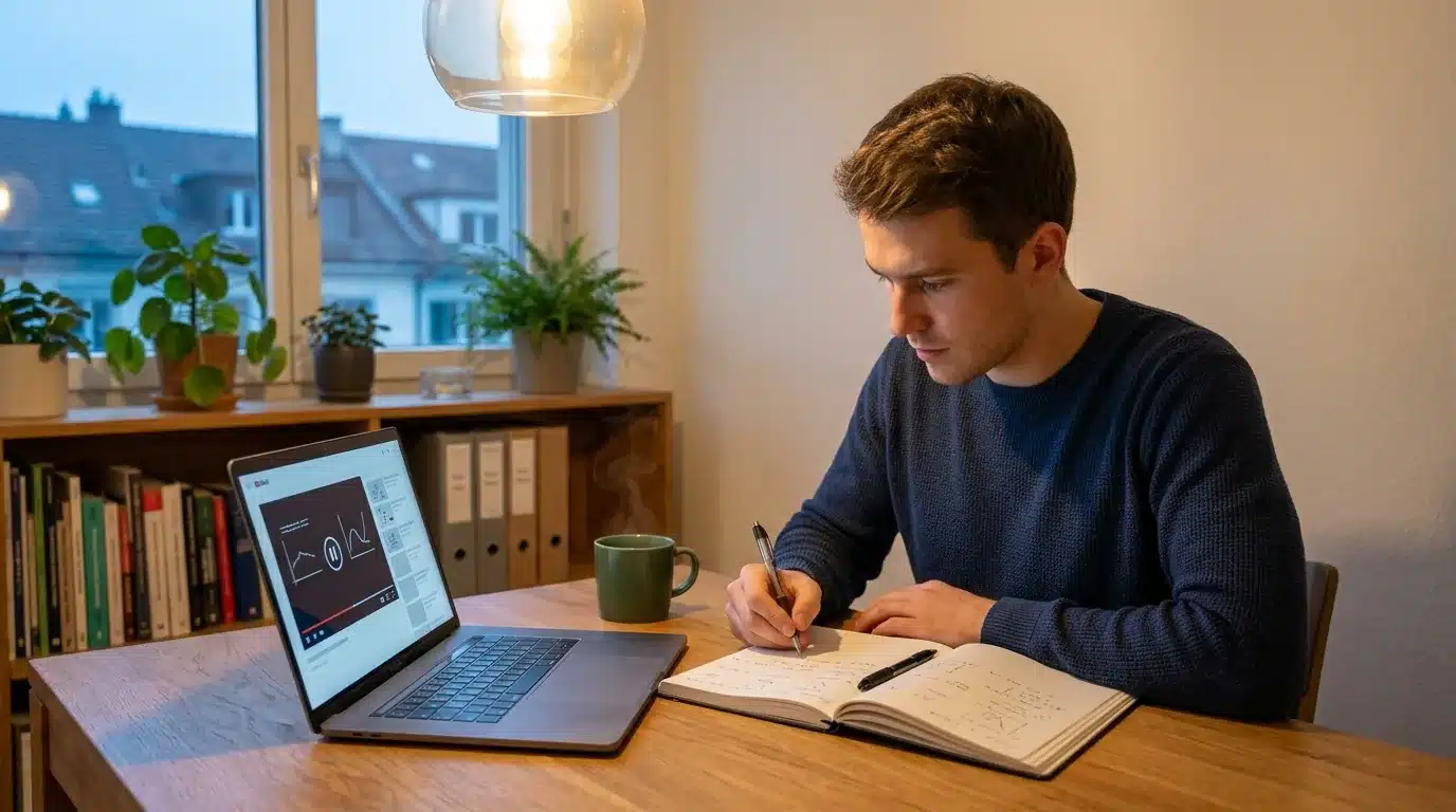 Berufstätiger lernt am Küchentisch mit Laptop und Aufzeichnung einer Lektion