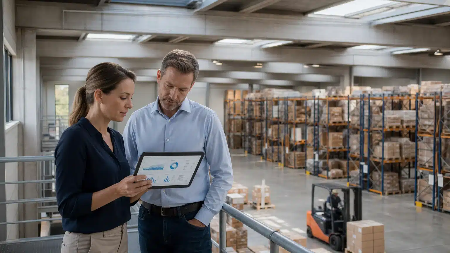 Zwei Logistik-Fachleute besprechen Supply-Chain-Daten auf einem Tablet in einem modernen Distributionszentrum