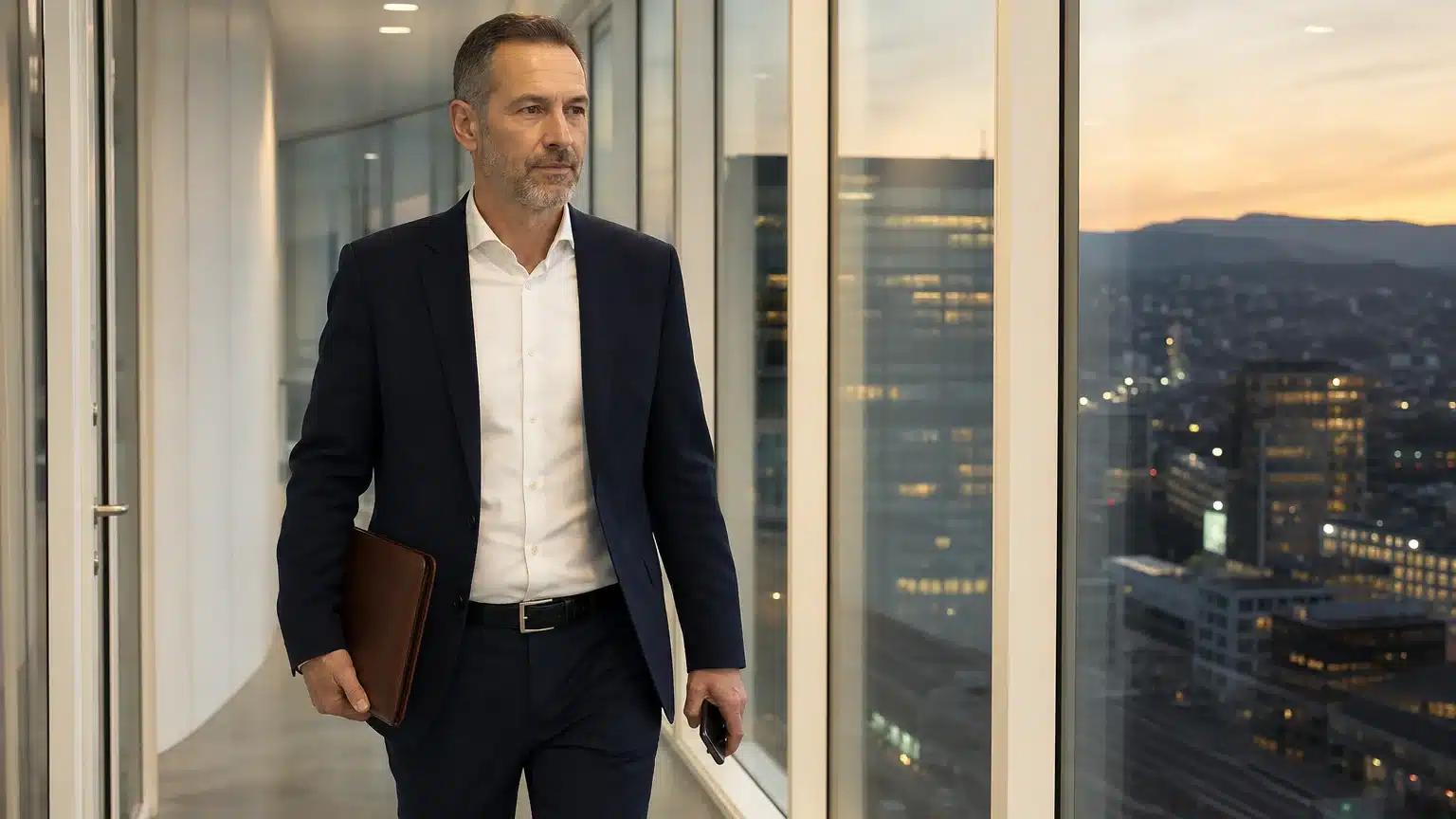 Führungsperson in modernem Bürogebäude mit Stadtblick zur Dämmerung