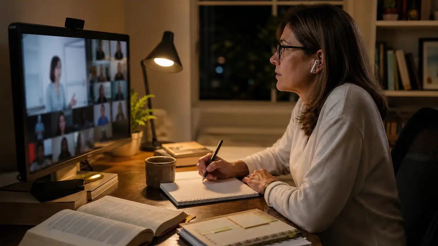 Berufstätige Anfang 40 nimmt am Abend an einer hybriden Online-Lektion teil