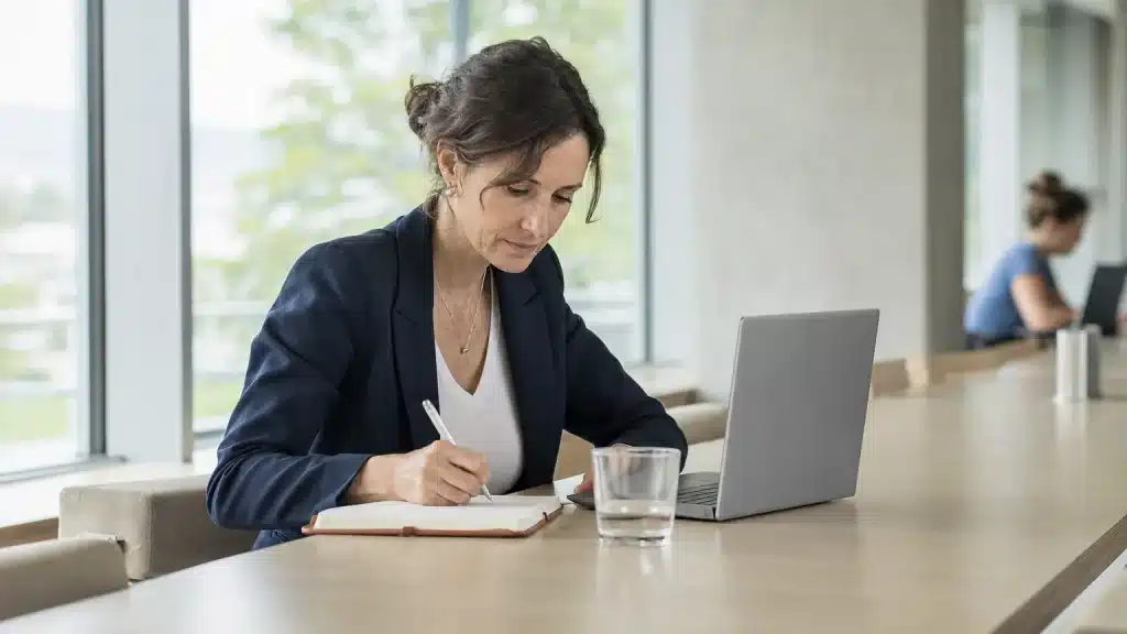 Berufstätige Frau macht sich in einem hellen Lernbereich Notizen, daneben ein Laptop